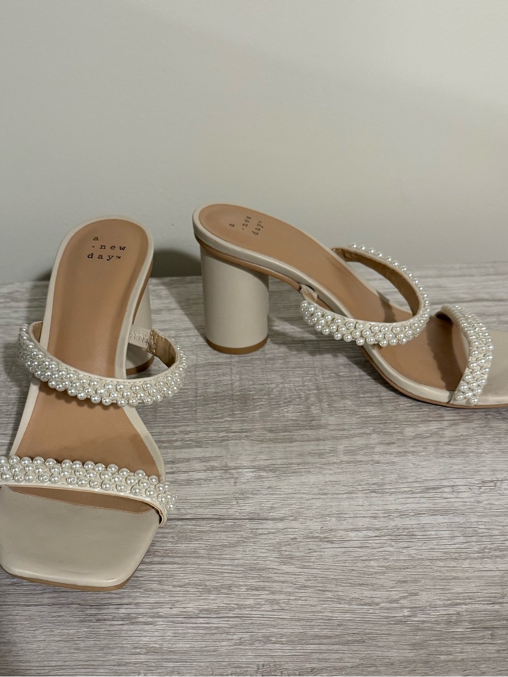 a new day Pearl-Trim Cream Block Heel Mules
